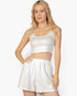 Beach Rose Co. white crop tank top and elastic waist shorts set in textured 4-way stretch Bullet Liverpool fabric.