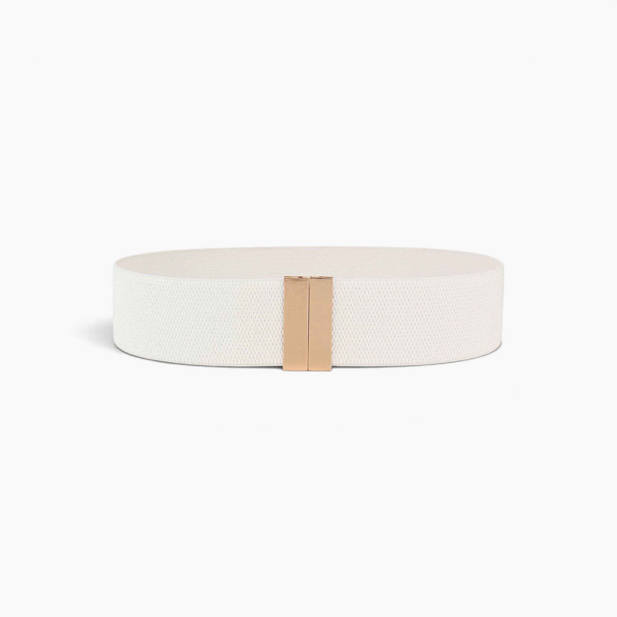 Beach Rose Co. white wide elastic waist belt featuring a textured band and a sleek rectangular gold-tone alloy clasp.