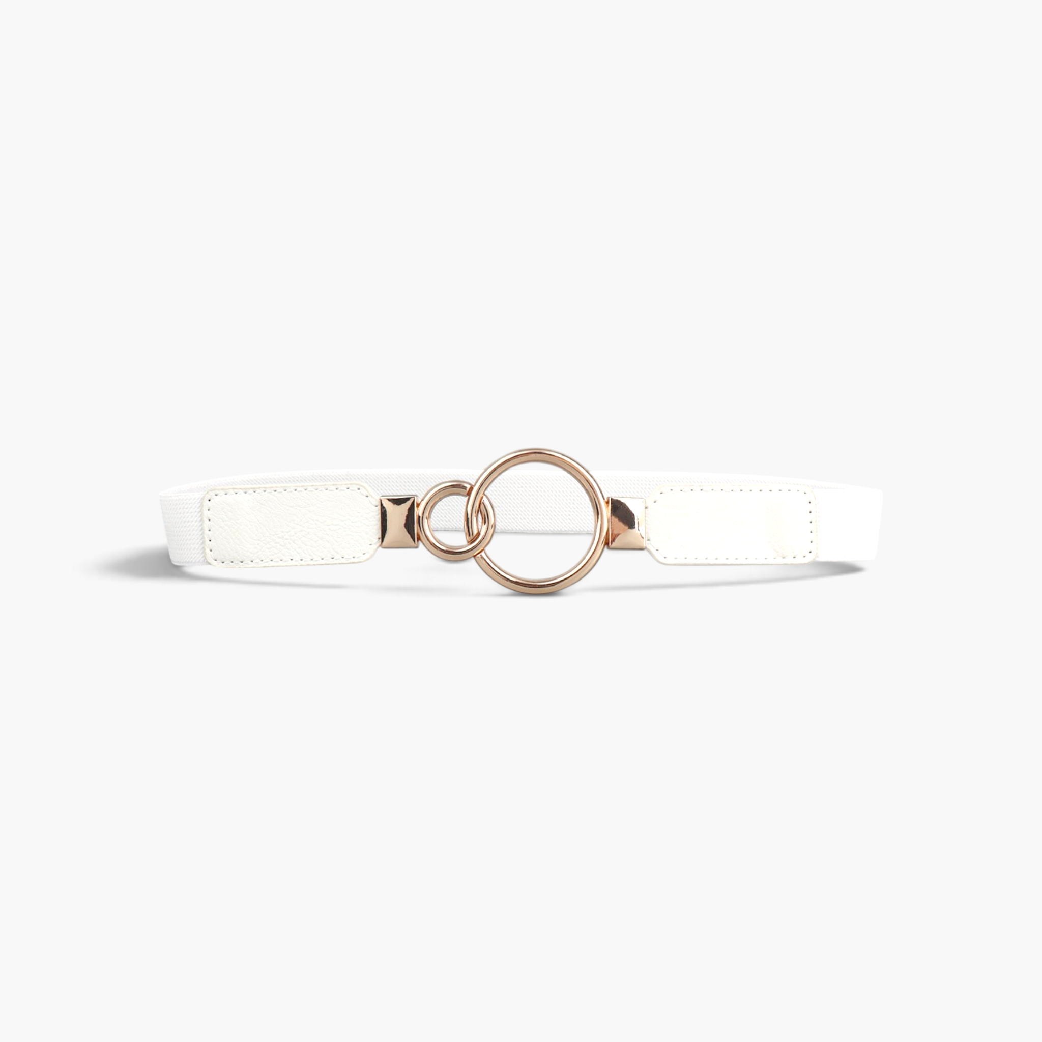 Beach Rose Co. white slim elastic waist belt with an asymmetric gold-tone double-ring buckle and PU leather tabs.