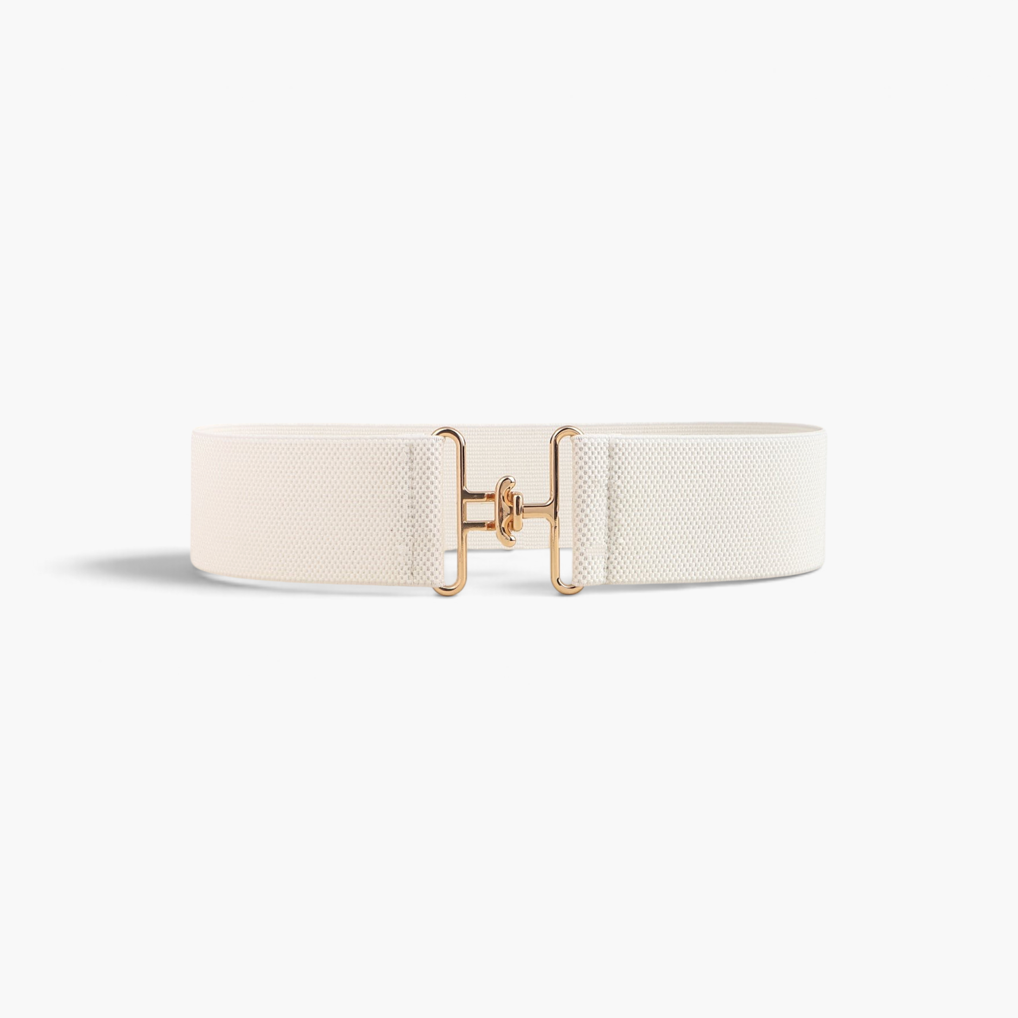 Beach Rose Co. wide white elastic waist belt with a gold-tone interlocking hook buckle and textured band.