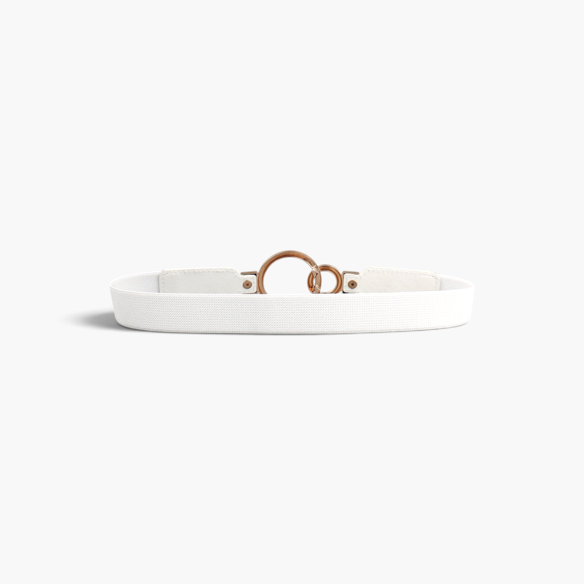 Beach Rose Co. white slim elastic waist belt with an asymmetric double-ring alloy buckle and stitched PU tabs.