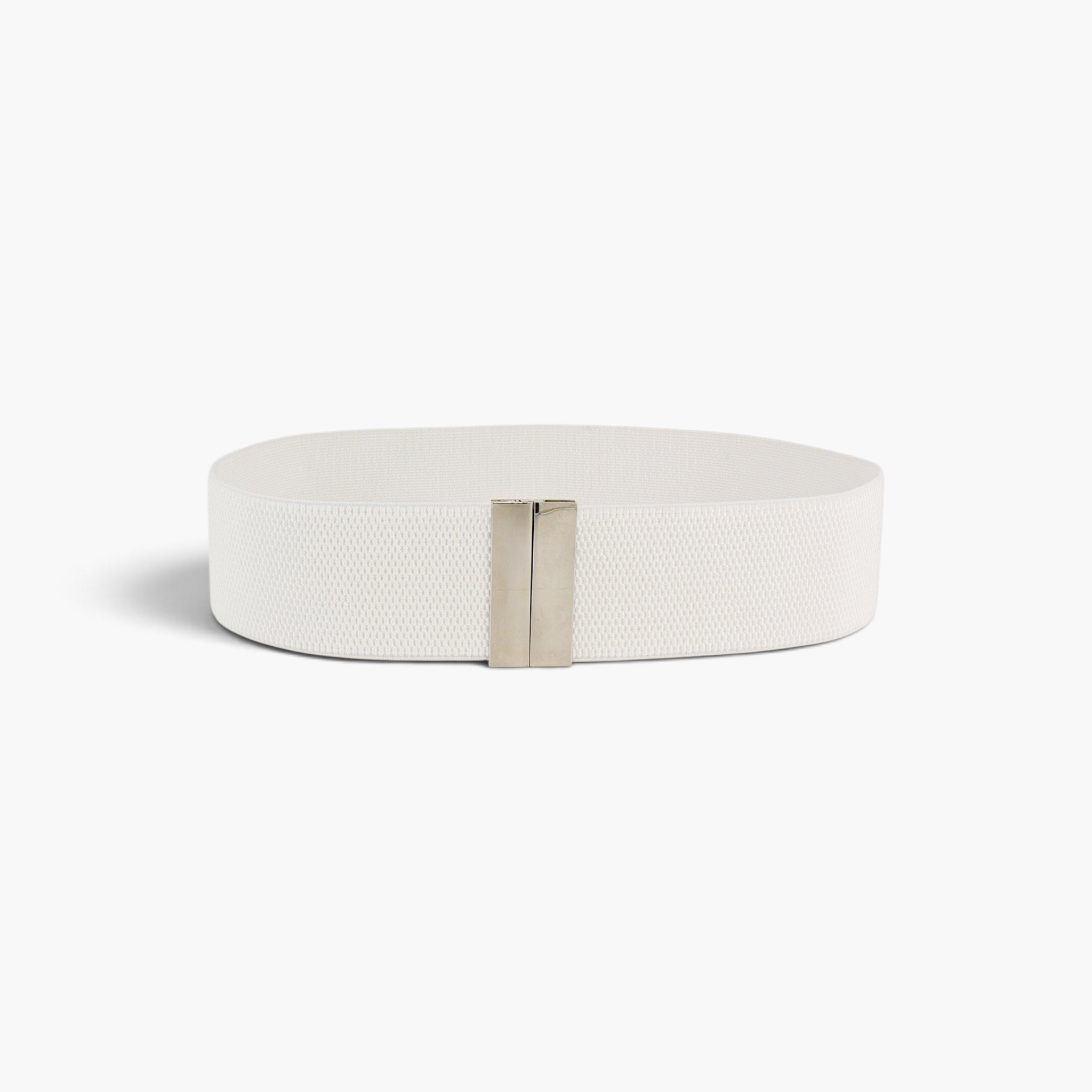 Beach Rose Co. white wide elastic waist belt with a sleek rectangular alloy clasp and textured finish.