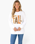 Beach Rose Co. white crewneck sweatshirt with a mixed-print FALL graphic featuring floral and leopard patterns.