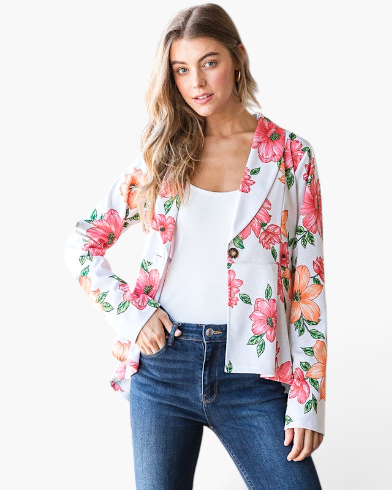 Beach Rose Co. white blazer with pink and coral floral print, notched lapels, and single-button closure on a model.