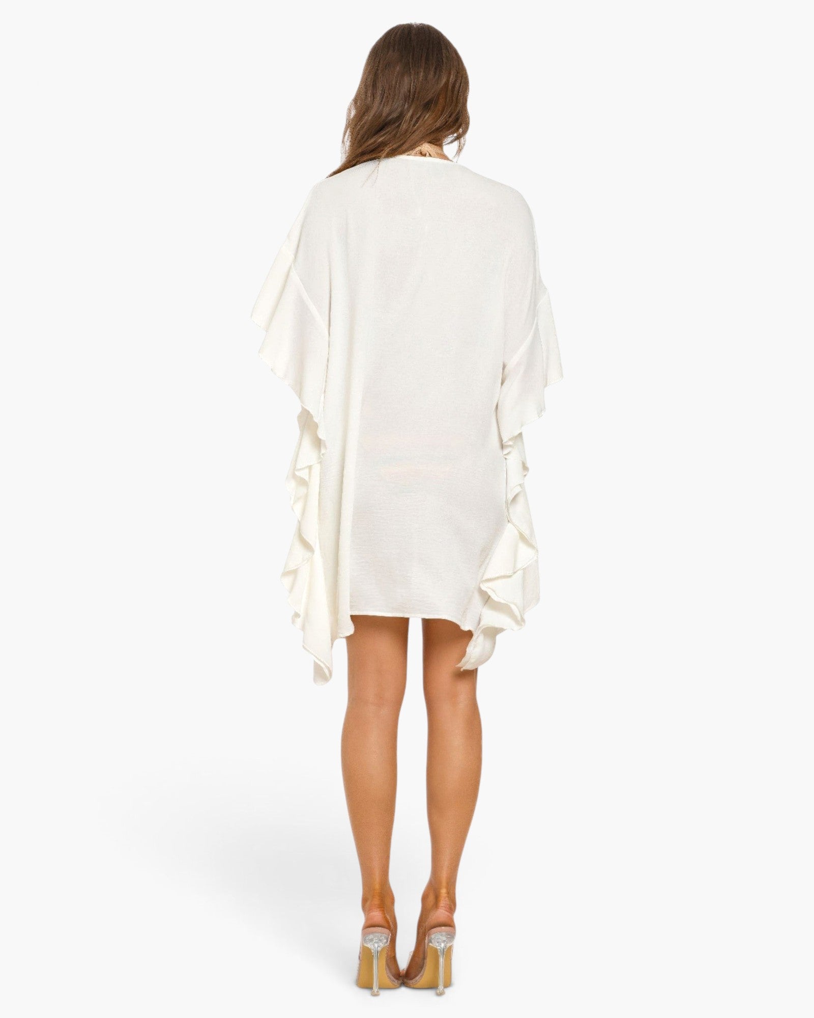 Beach Rose Co. white lightweight polyester kimono cover-up with flutter sleeves, back view on a model