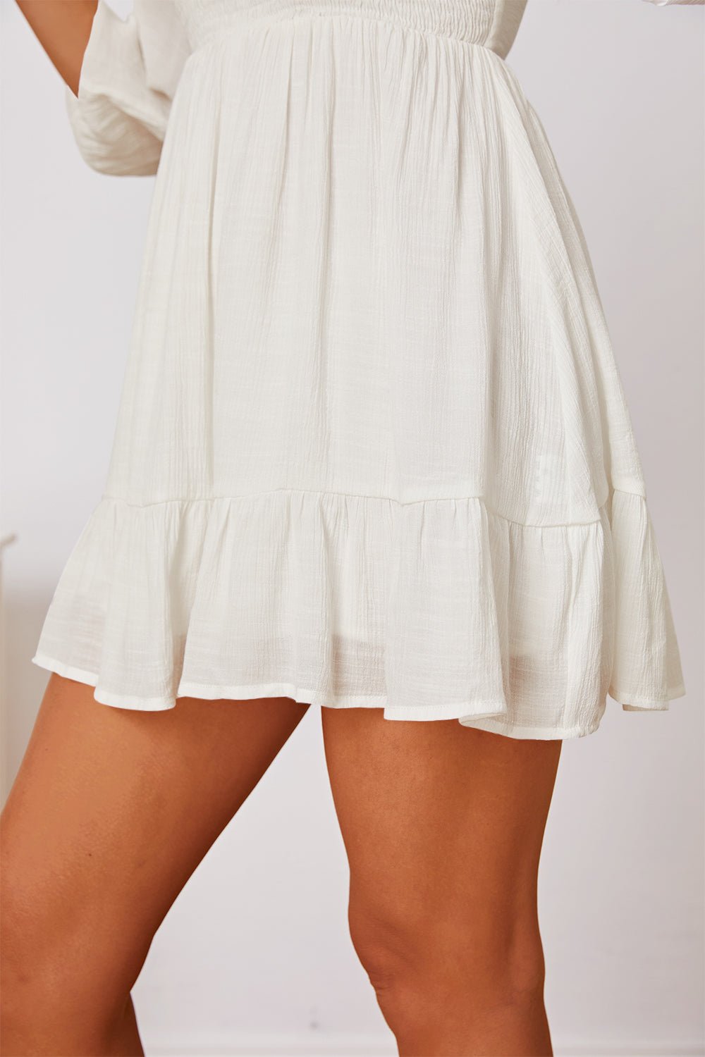 Beach Rose Co. - White Frill Trim Half Sleeve Ruffle Hem Mini Dress