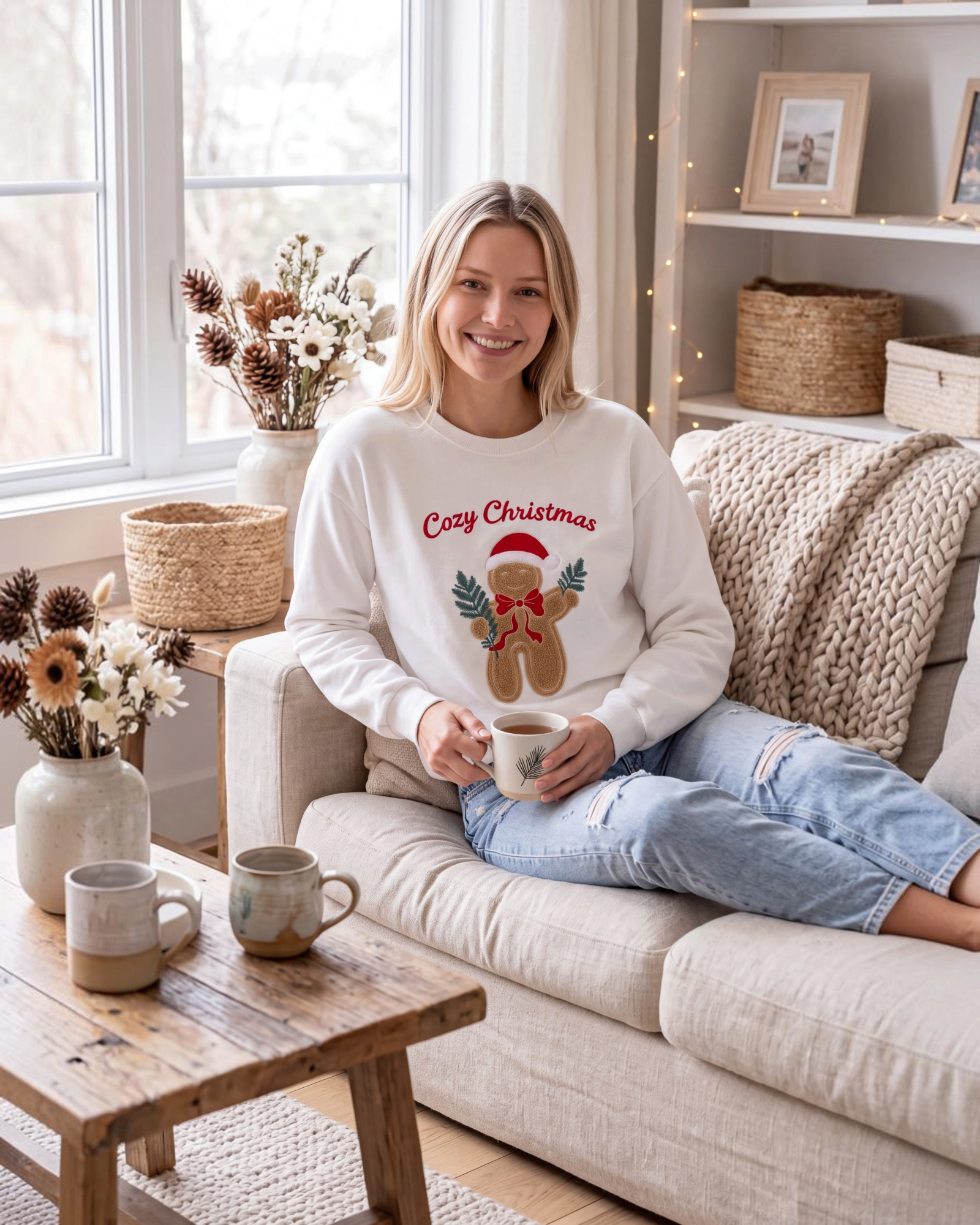 Beach Rose Co. white crewneck sweatshirt featuring a festive gingerbread man graphic and Cozy Christmas lettering.