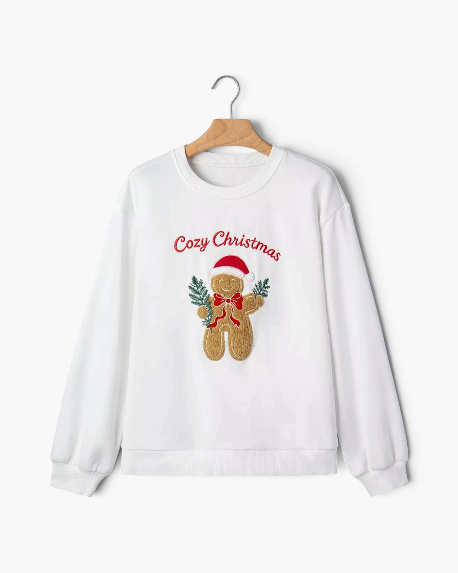 Beach Rose Co. white crewneck sweatshirt featuring a gingerbread man graphic with Cozy Christmas lettering.