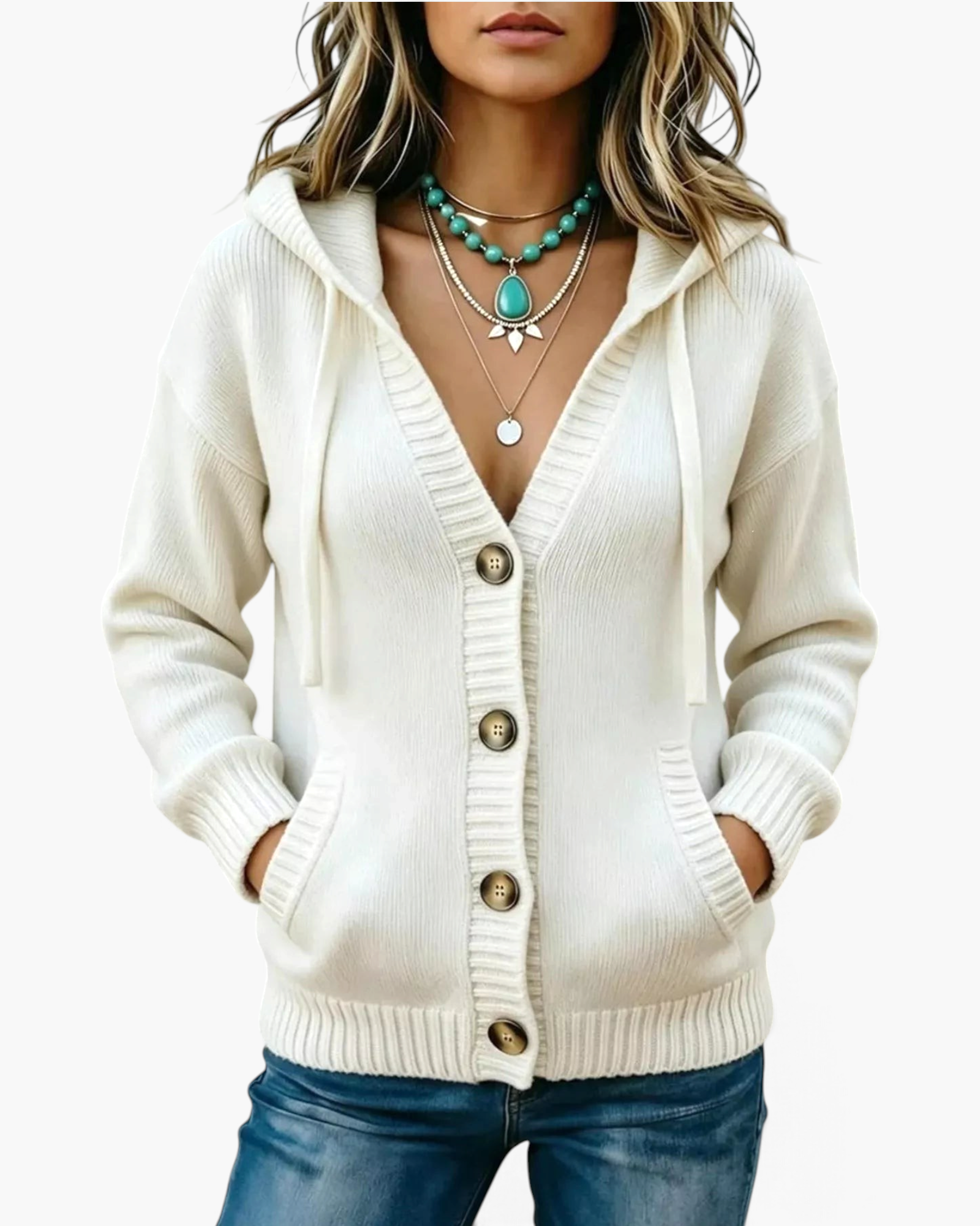Beach Rose Co. white knit hooded cardigan with a button-front closure, front pockets, and ribbed trim details.