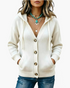 Beach Rose Co. white knit hooded cardigan with a button-front closure, front pockets, and ribbed trim details.