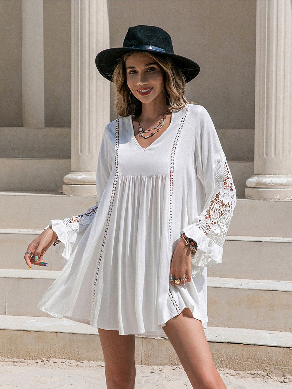 Beach Rose Co. - White Lace Detail V - Neck Mini Dress