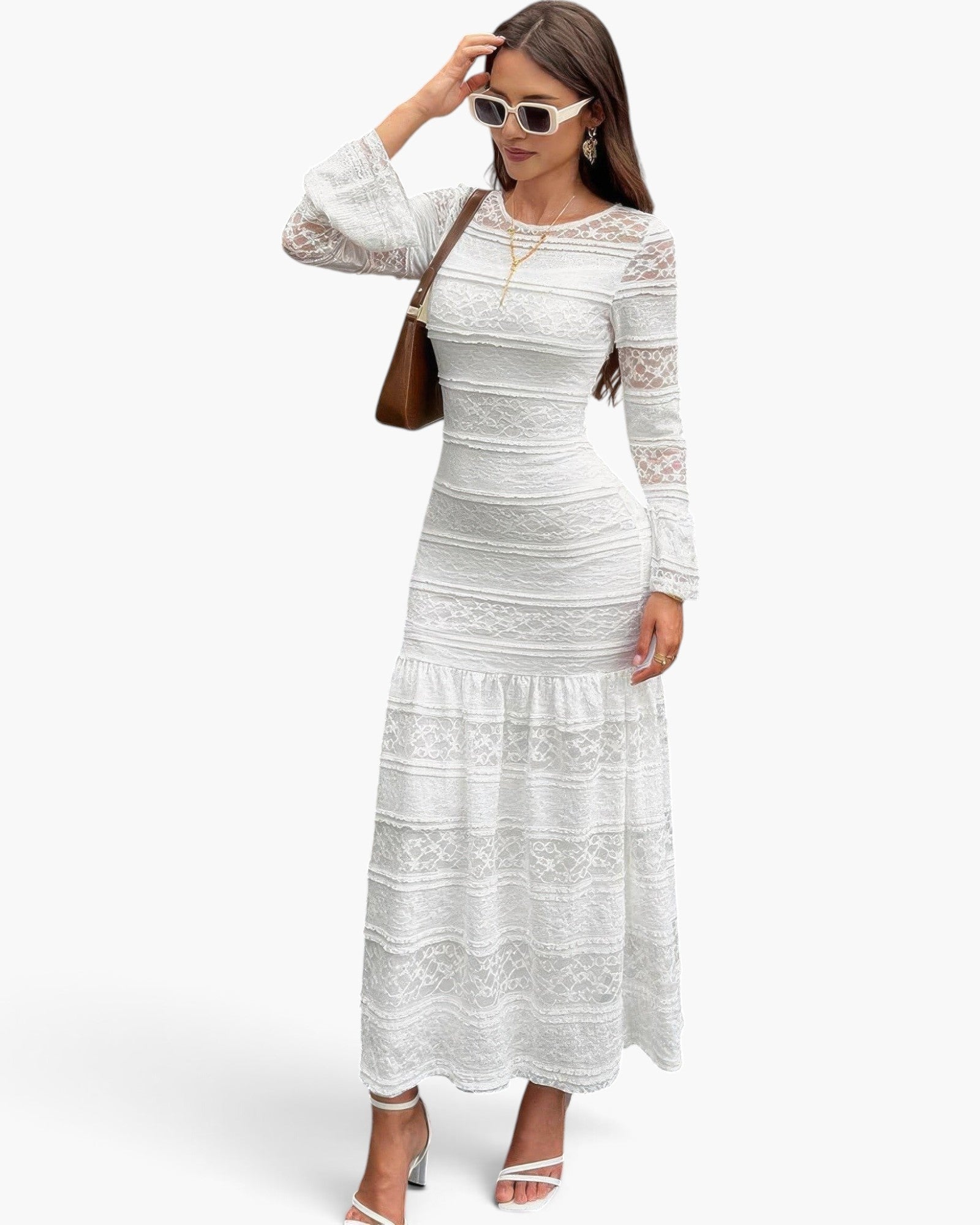White Lace-Panel Long-Sleeve Maxi Dress