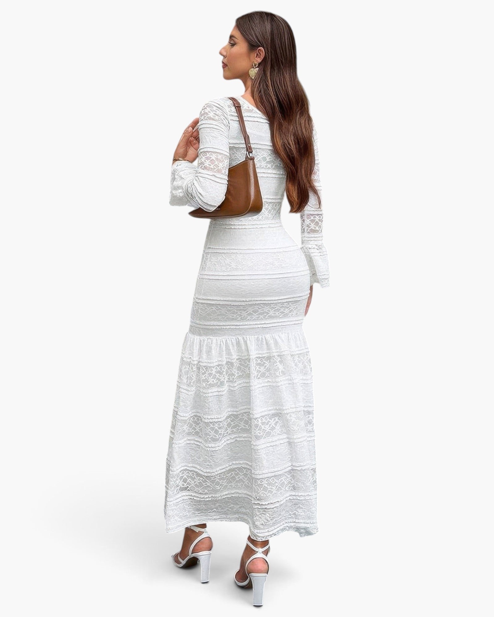 White Lace-Panel Long-Sleeve Maxi Dress