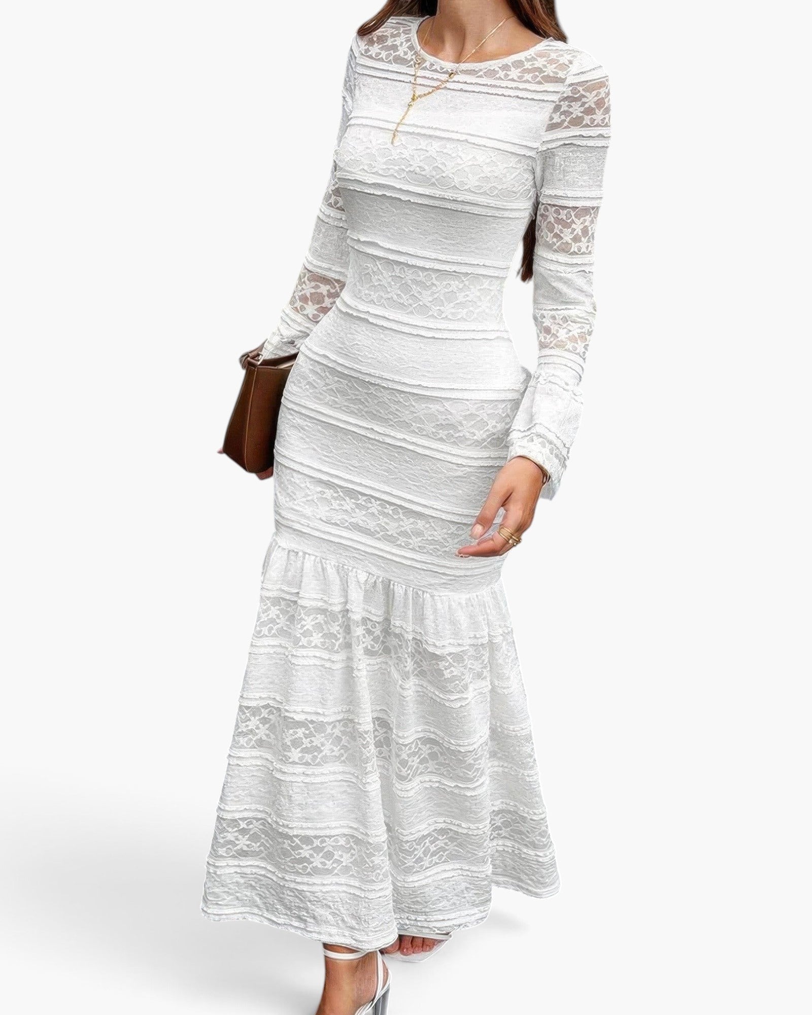 White Lace-Panel Long-Sleeve Maxi Dress