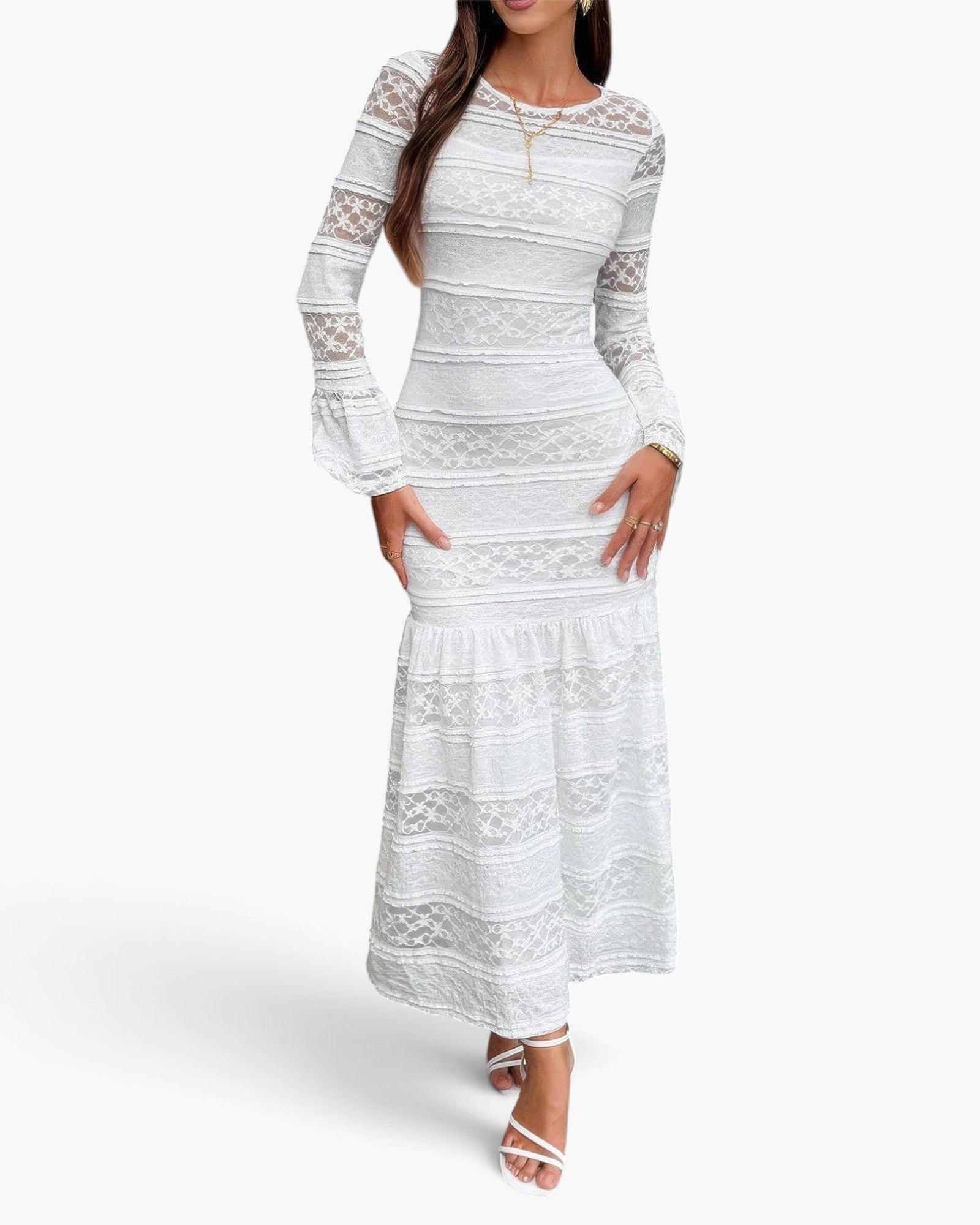 White Lace-Panel Long-Sleeve Maxi Dress