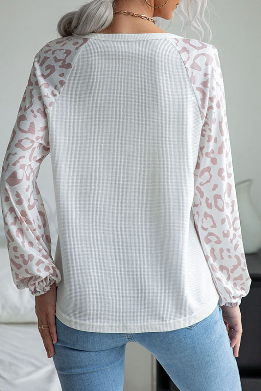 Beach Rose Co. - White Leopard Raglan Sleeve Waffle Knit Tee