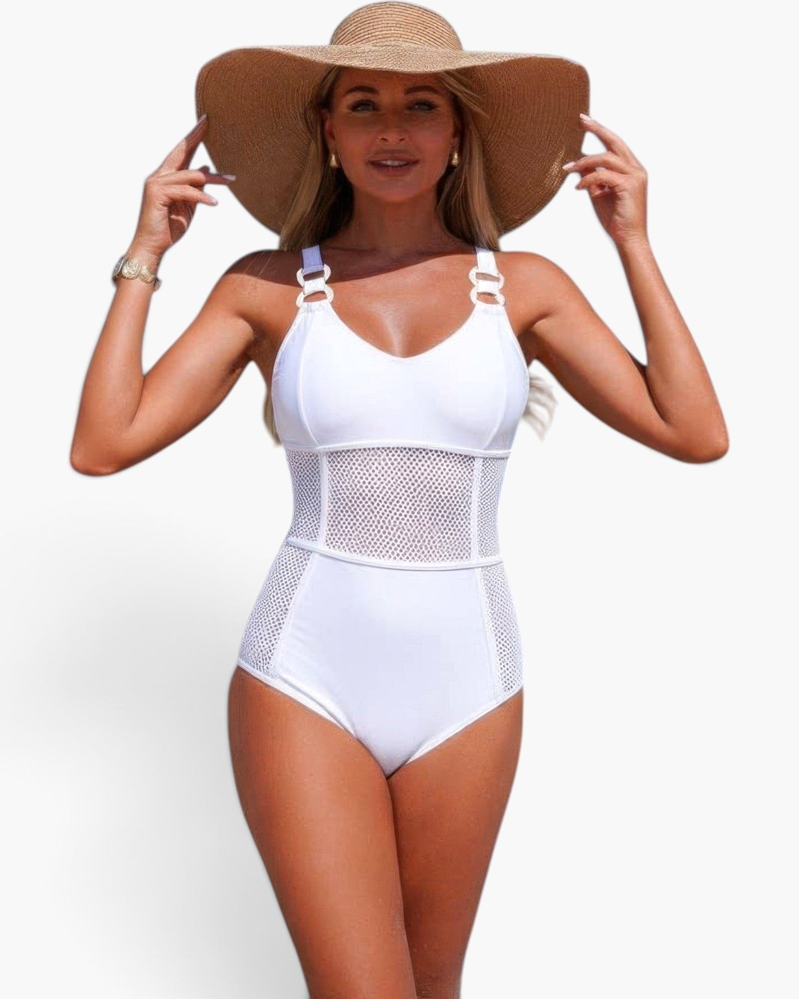 Beach Rose Co. white one-piece swimsuit with sheer mesh panels, ring-accented straps, and tummy-control fit.