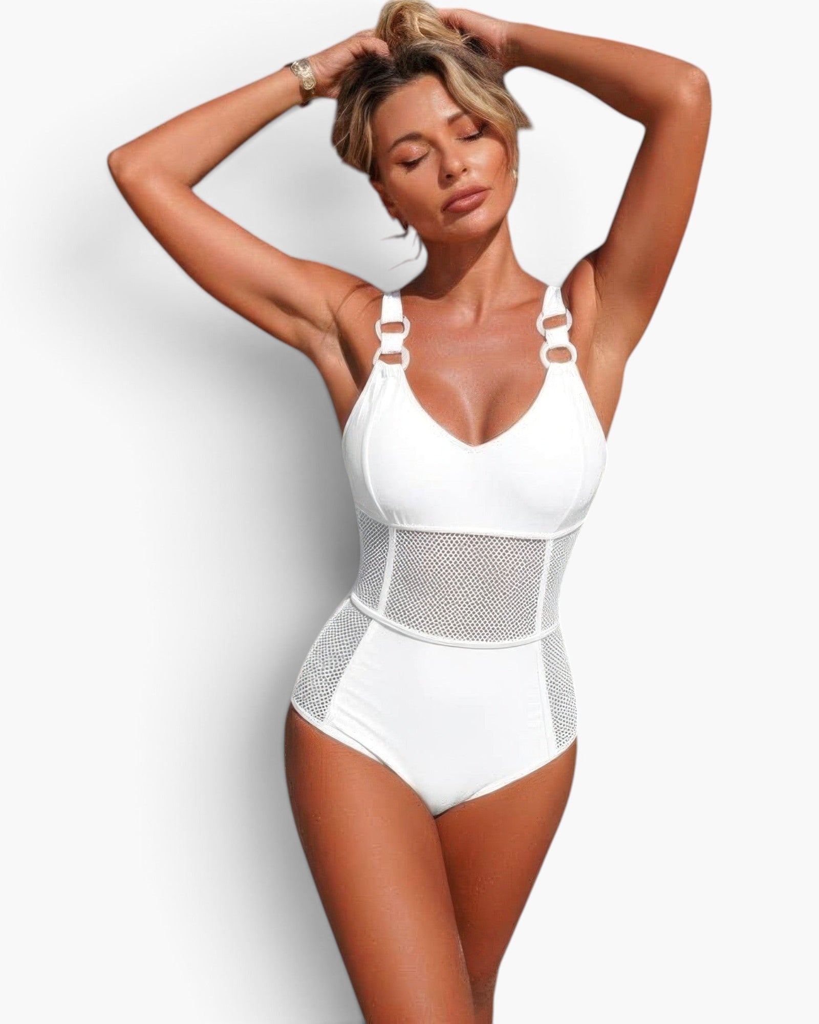 Beach Rose Co. white one-piece swimsuit with sheer mesh waist panels, ring-accented straps, and tummy-control design.