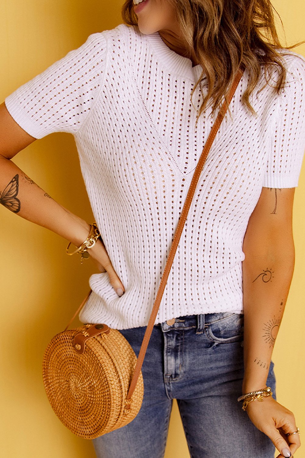 Beach Rose Co. - White Openwork Knit Short Sleeve Top