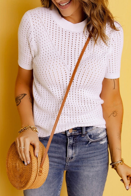 Beach Rose Co. - White Openwork Knit Short Sleeve Top