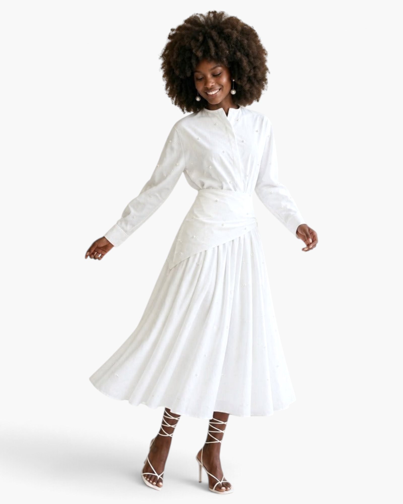 Beach Rose Co. white long-sleeve blouse and midi skirt set with scattered pearl embellishments and draped waist.