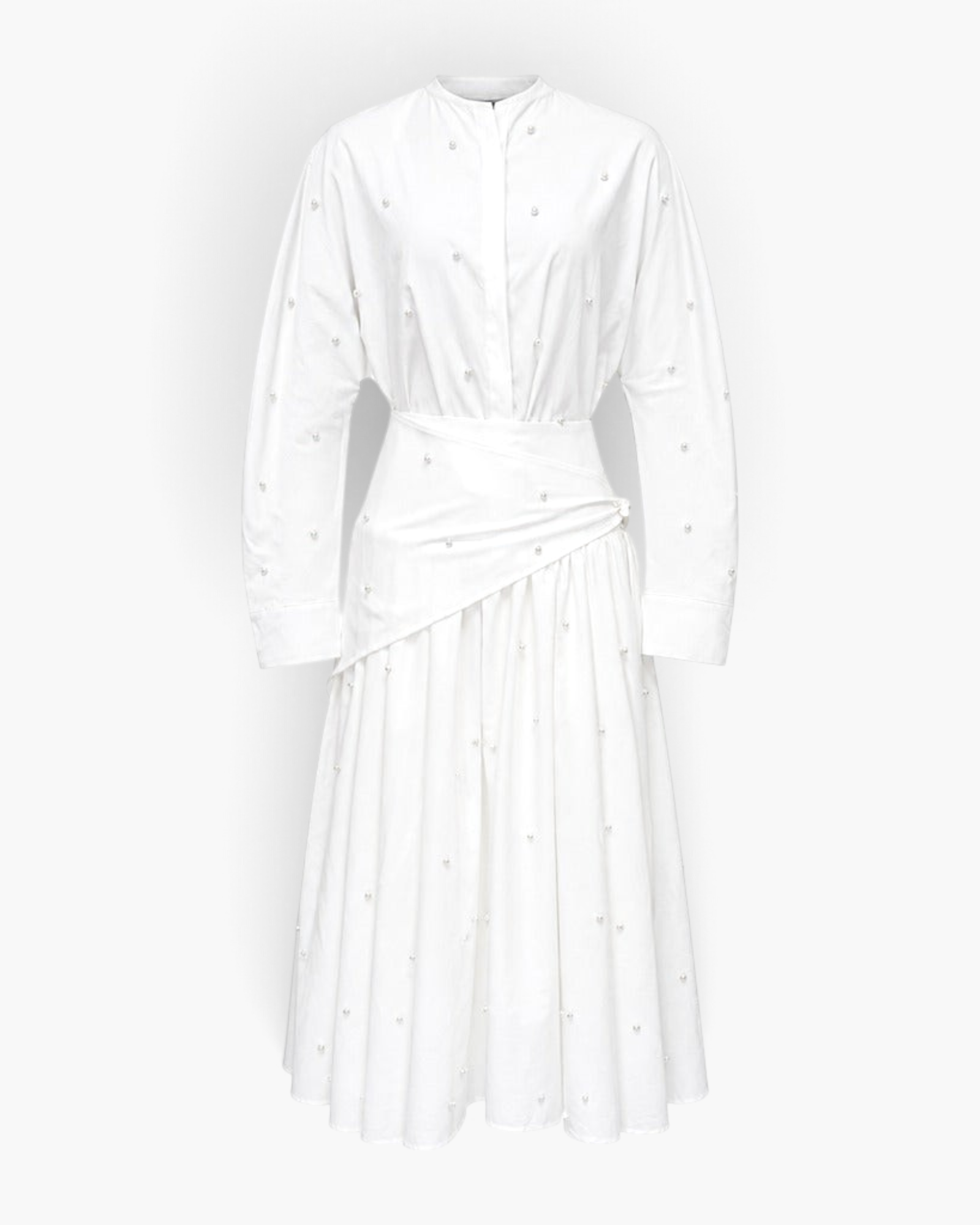 Beach Rose Co. white two-piece set featuring a long-sleeve blouse and midi skirt with scattered pearl embellishments.