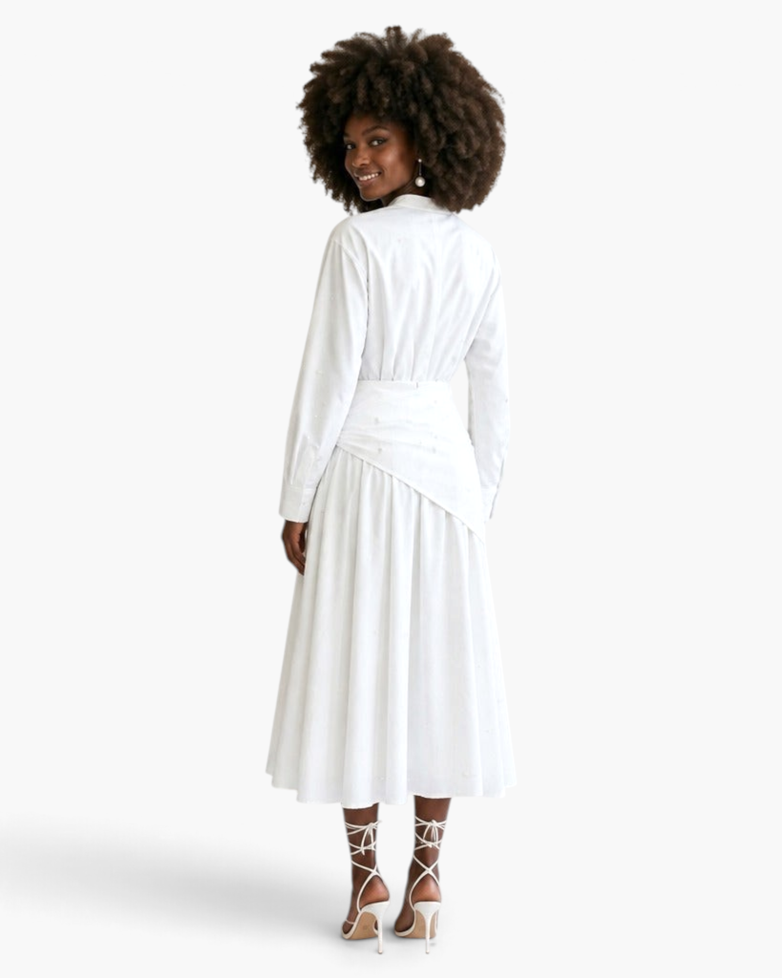 Beach Rose Co. white long-sleeve blouse and midi skirt set with pearl embellishments and asymmetrical draped waist.