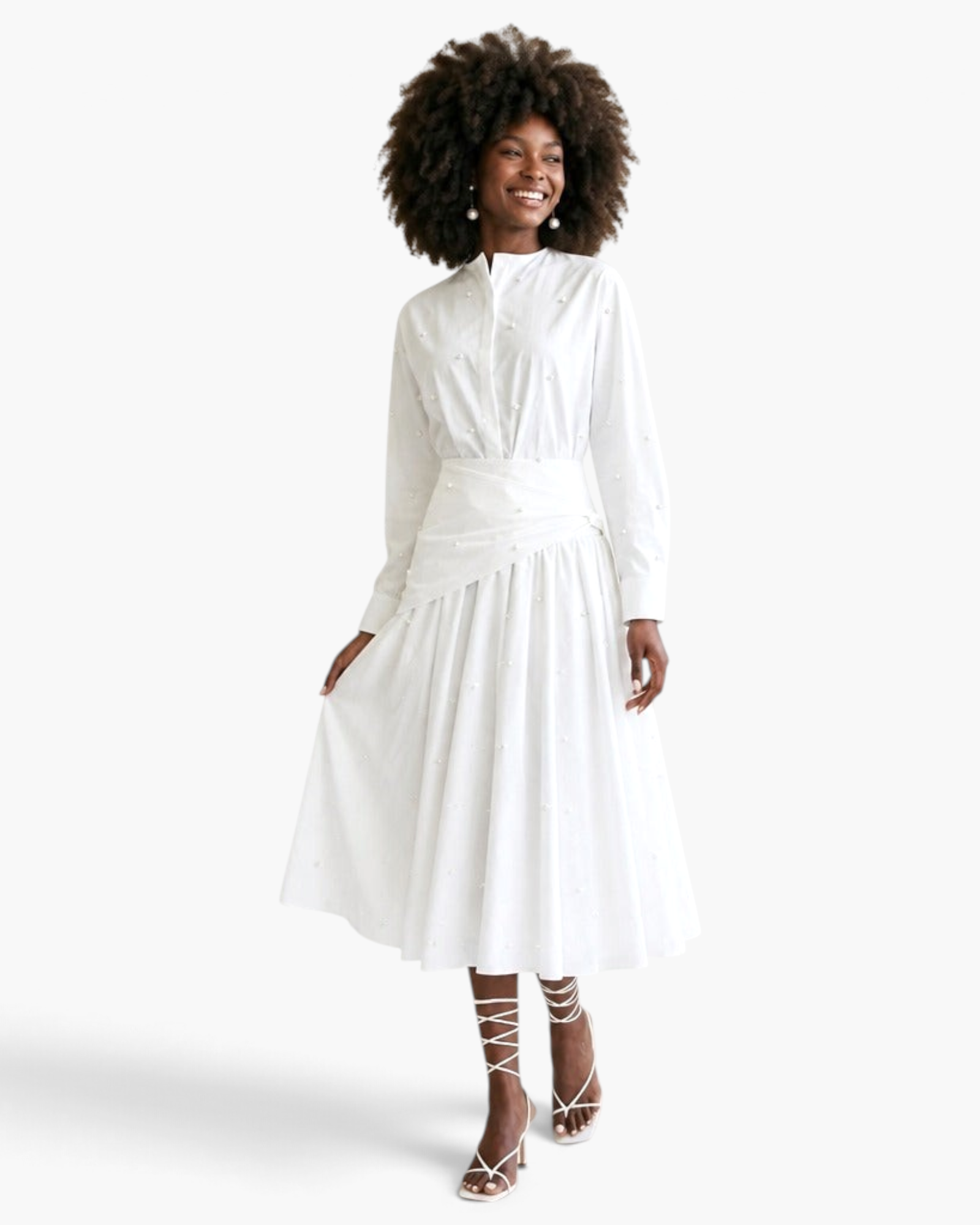 Beach Rose Co. white two-piece set with pearl-embellished long-sleeve blouse and asymmetrical draped midi skirt