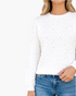 Beach Rose Co. white long-sleeve sweater with diamond-knit texture and scattered faux pearl embellishments.