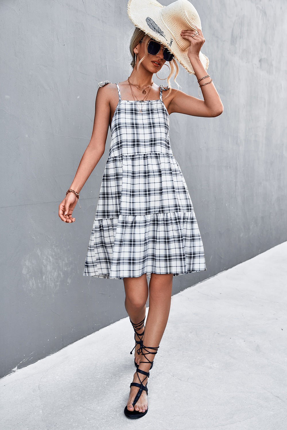 Beach Rose Co. - White Plaid Tie - Shoulder Mini Dress