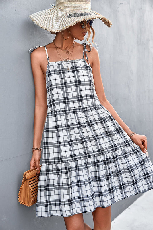 Beach Rose Co. - White Plaid Tie - Shoulder Mini Dress