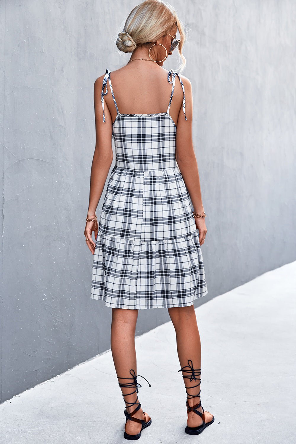 Beach Rose Co. - White Plaid Tie - Shoulder Mini Dress