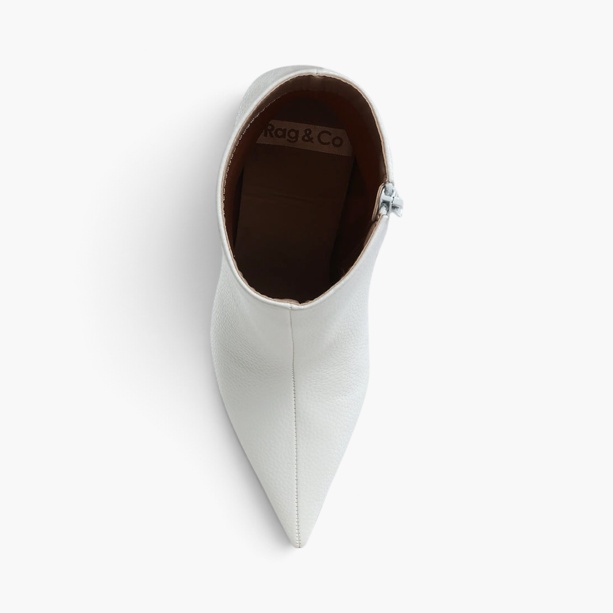 Beach Rose Co. white pleather ankle boots with a pointed toe and side zipper, viewed from above.