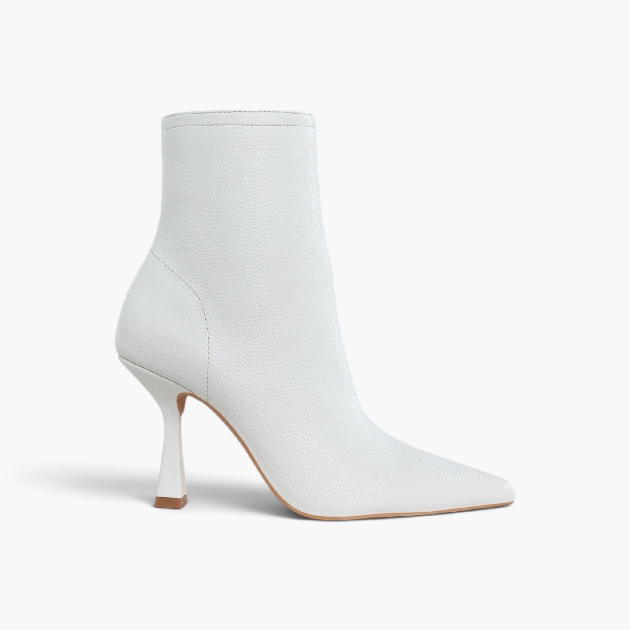 Beach Rose Co. white pleather ankle boots with a pointed toe and 3.5-inch sculpted spool heel.