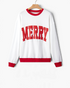 Beach Rose Co. white waffle knit crewneck sweatshirt with red MERRY lettering and contrast trim on a wooden hanger.