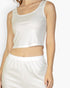 Beach Rose Co. white ribbed cami top and matching lounge pants on a model, showcasing soft stretchy fabric.