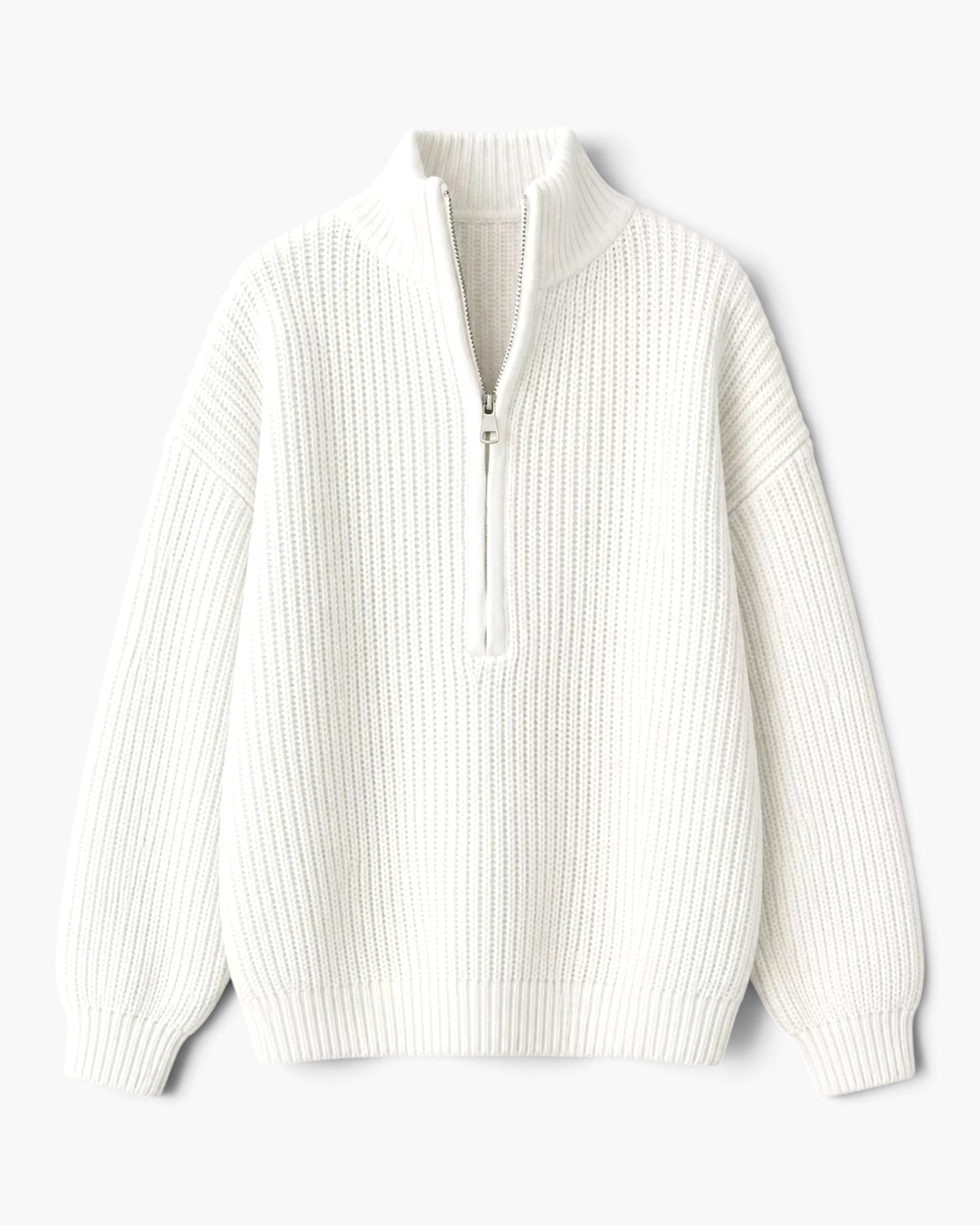 Beach Rose Co. white ribbed knit sweater with a half-zip stand collar, dropped shoulders, and relaxed fit.