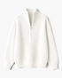 Beach Rose Co. white ribbed knit sweater with a half-zip stand collar, dropped shoulders, and relaxed fit.