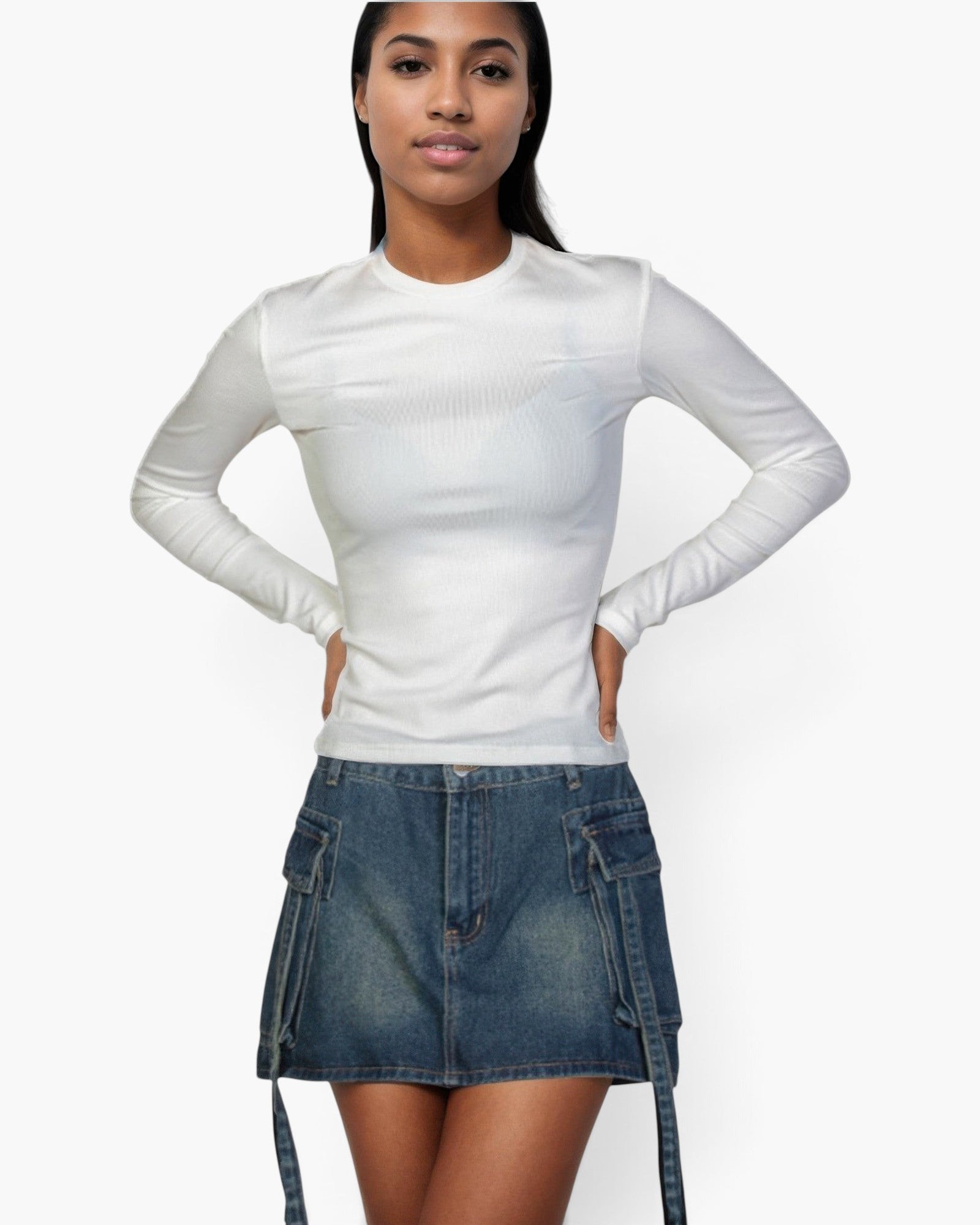 Beach Rose Co. white long-sleeve ribbed crew-neck top worn by a model with a denim cargo skirt