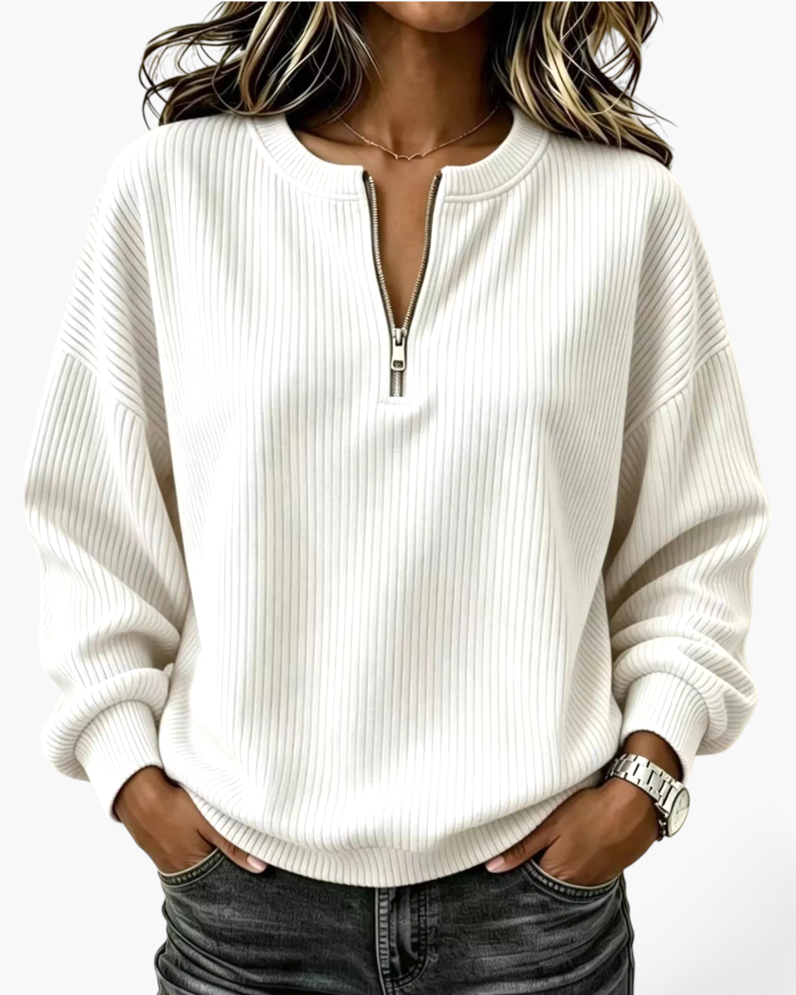Beach Rose Co. white ribbed quarter-zip pullover with dropped shoulders and long sleeves on a woman
