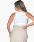 Beach Rose Co. white ribbed tank top worn by a woman with long hair, back view showing form-fitting design