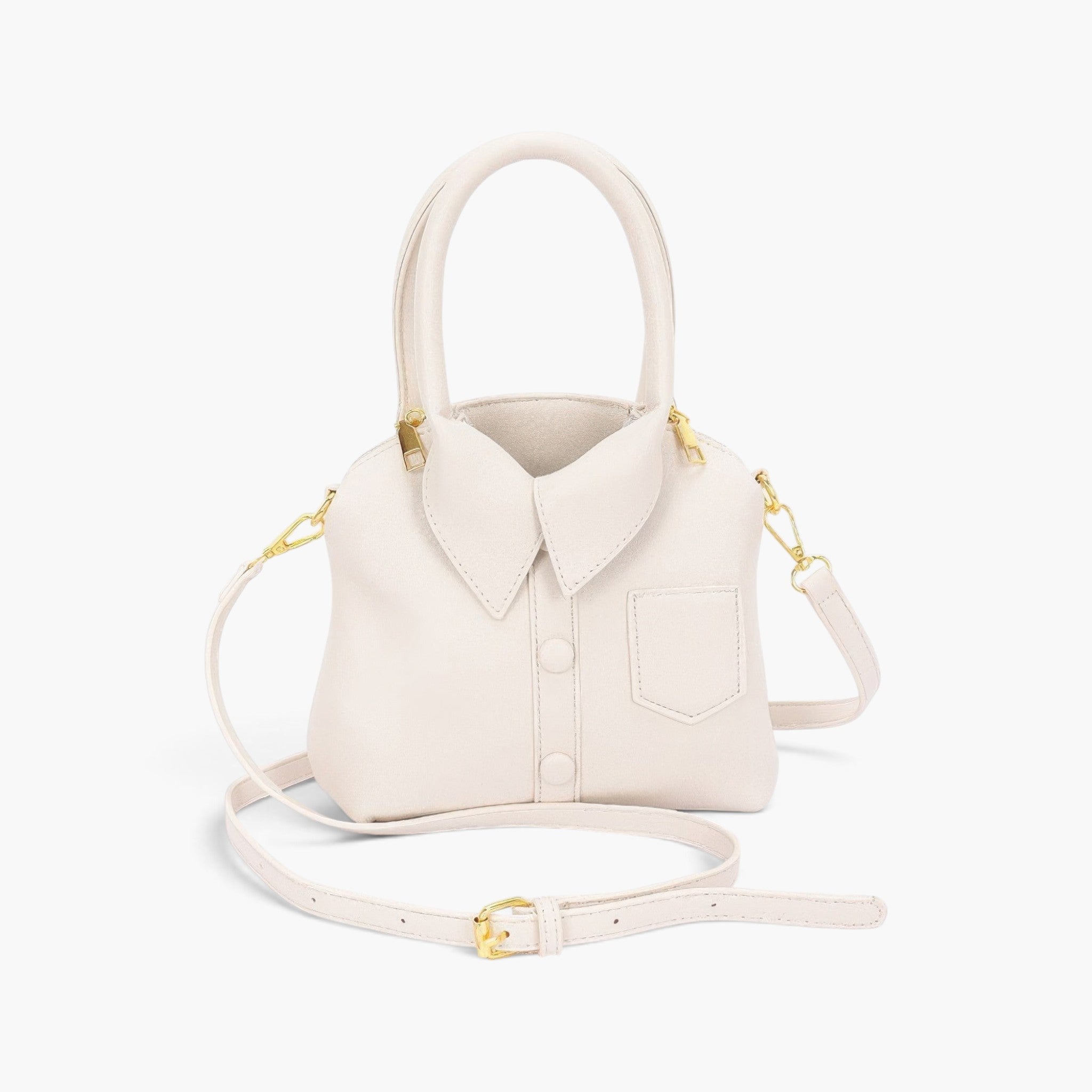 Beach Rose Co. white faux leather handbag with a unique shirt-style collar design, top handle, and gold hardware.