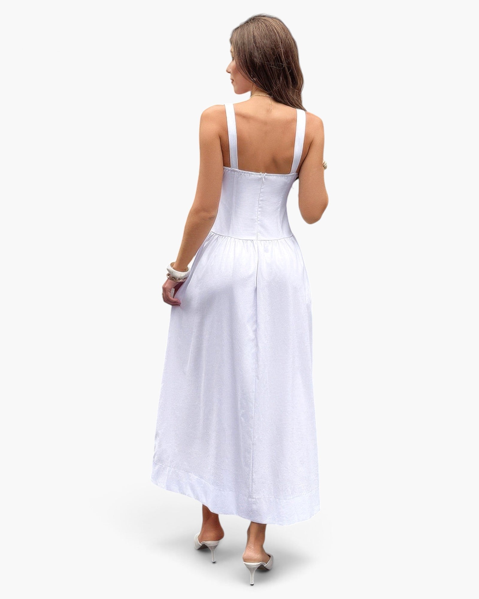 Beach Rose Co. white sleeveless A-line long dress with a square neckline, shown from the back on a model.