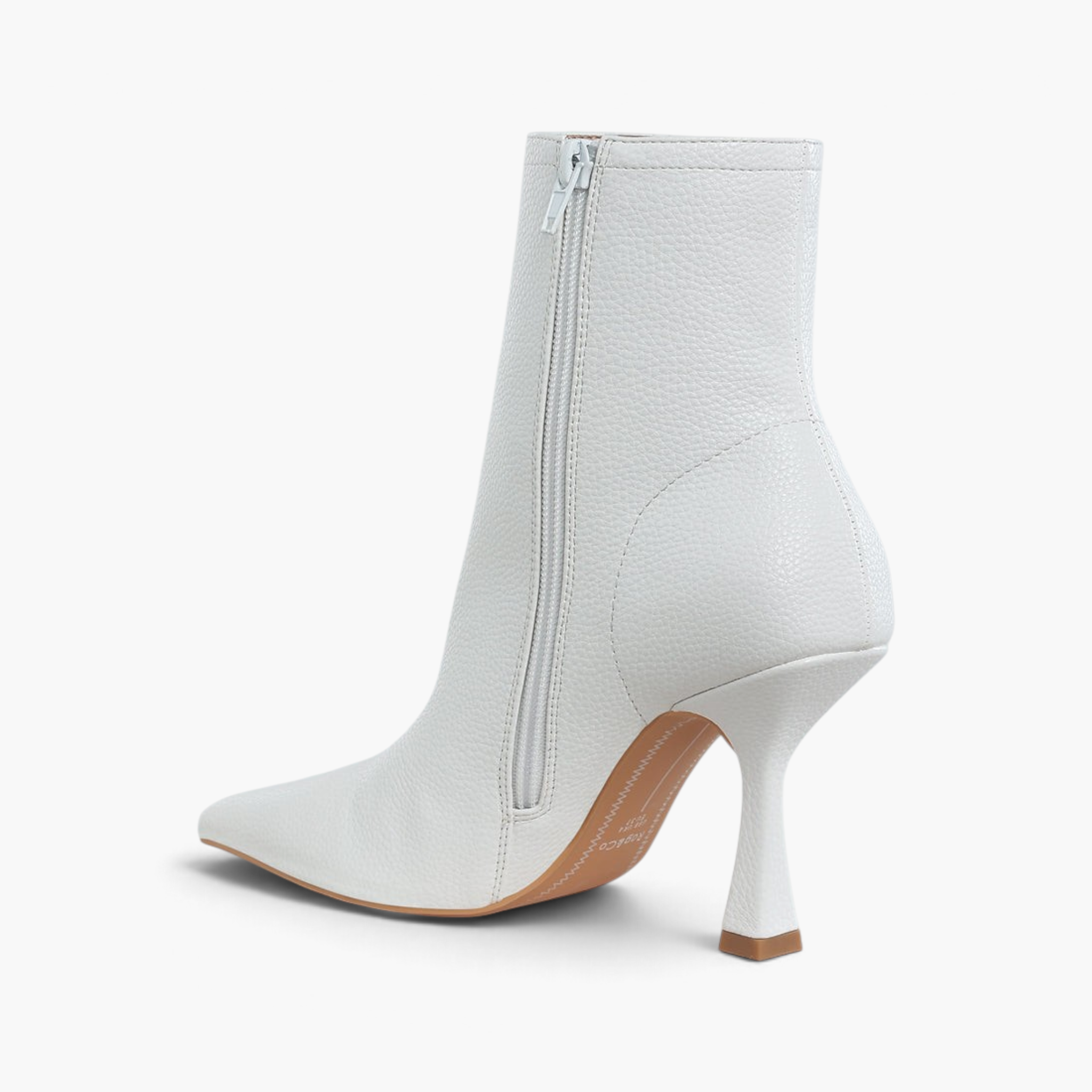 Beach Rose Co. white pleather ankle boots with a pointed toe, side zipper, and sculpted 3.5-inch spool heel.