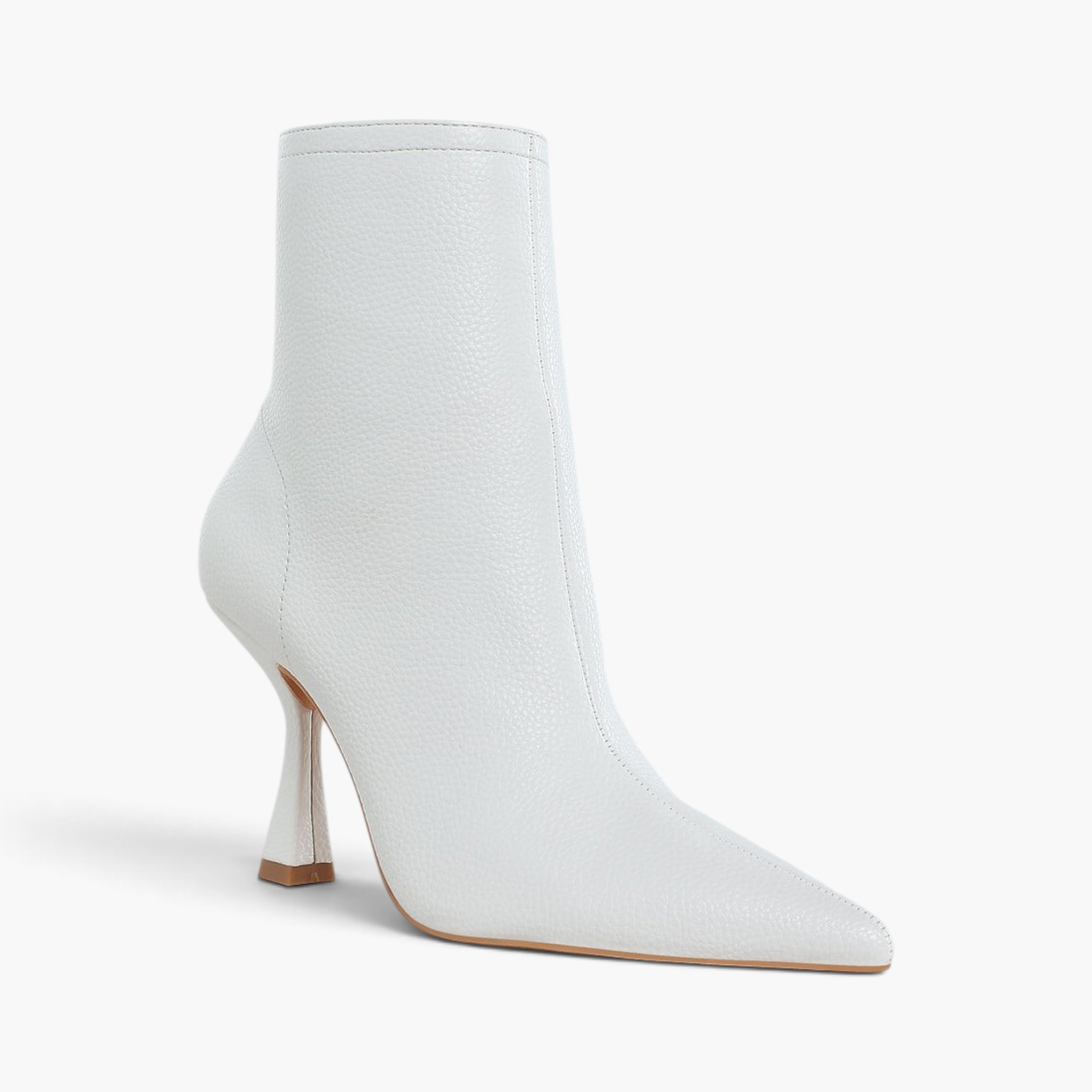 Beach Rose Co. white pleather ankle boots with a pointed toe and sculpted 3.5-inch spool heel.