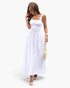 Beach Rose Co. white sleeveless A-line maxi dress with a square neckline, worn by a model with gold jewelry and heels.