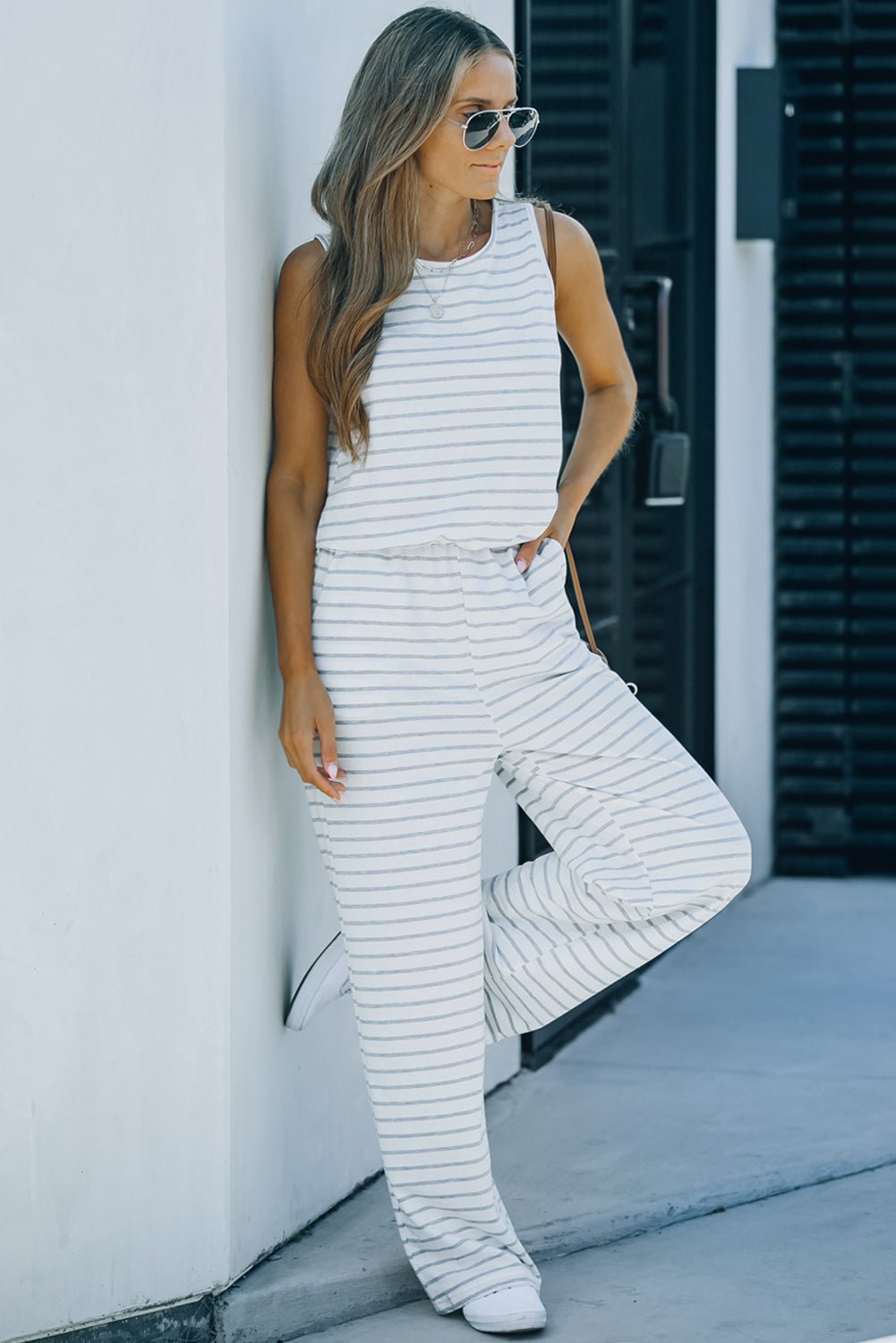 Beach Rose Co. - White Striped Sleeveless Jumpsuit with Pockets