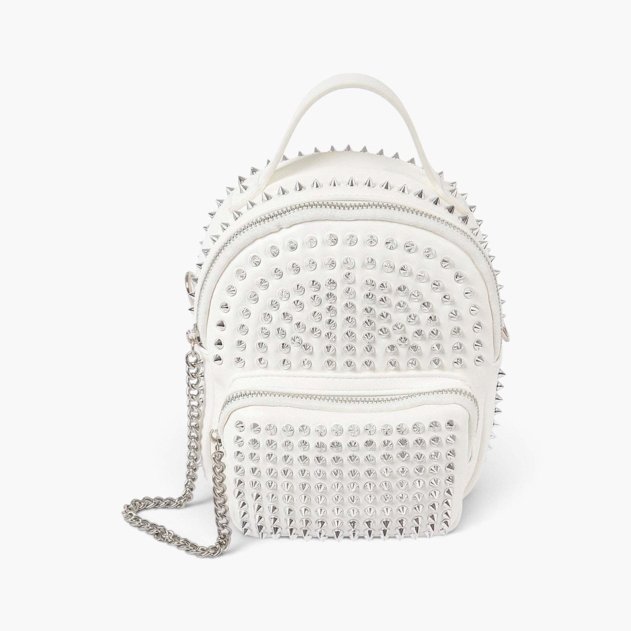 Beach Rose Co. white faux leather mini backpack featuring allover silver studs, zippered pockets, and a chain strap.