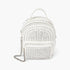 Beach Rose Co. white faux leather mini backpack featuring allover silver studs, zippered pockets, and a chain strap.
