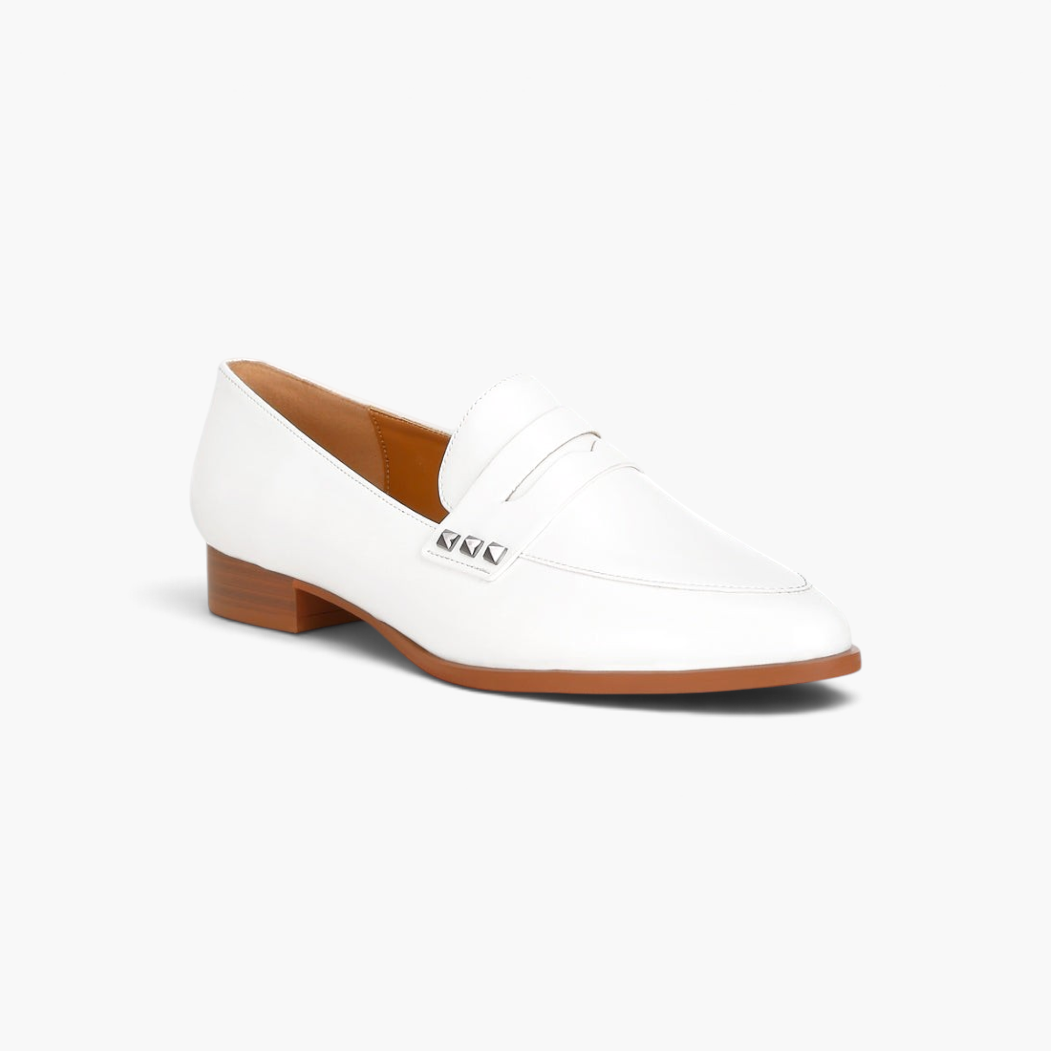 Beach Rose Co. white patent pleather penny loafers with silver stud accents and a low block heel